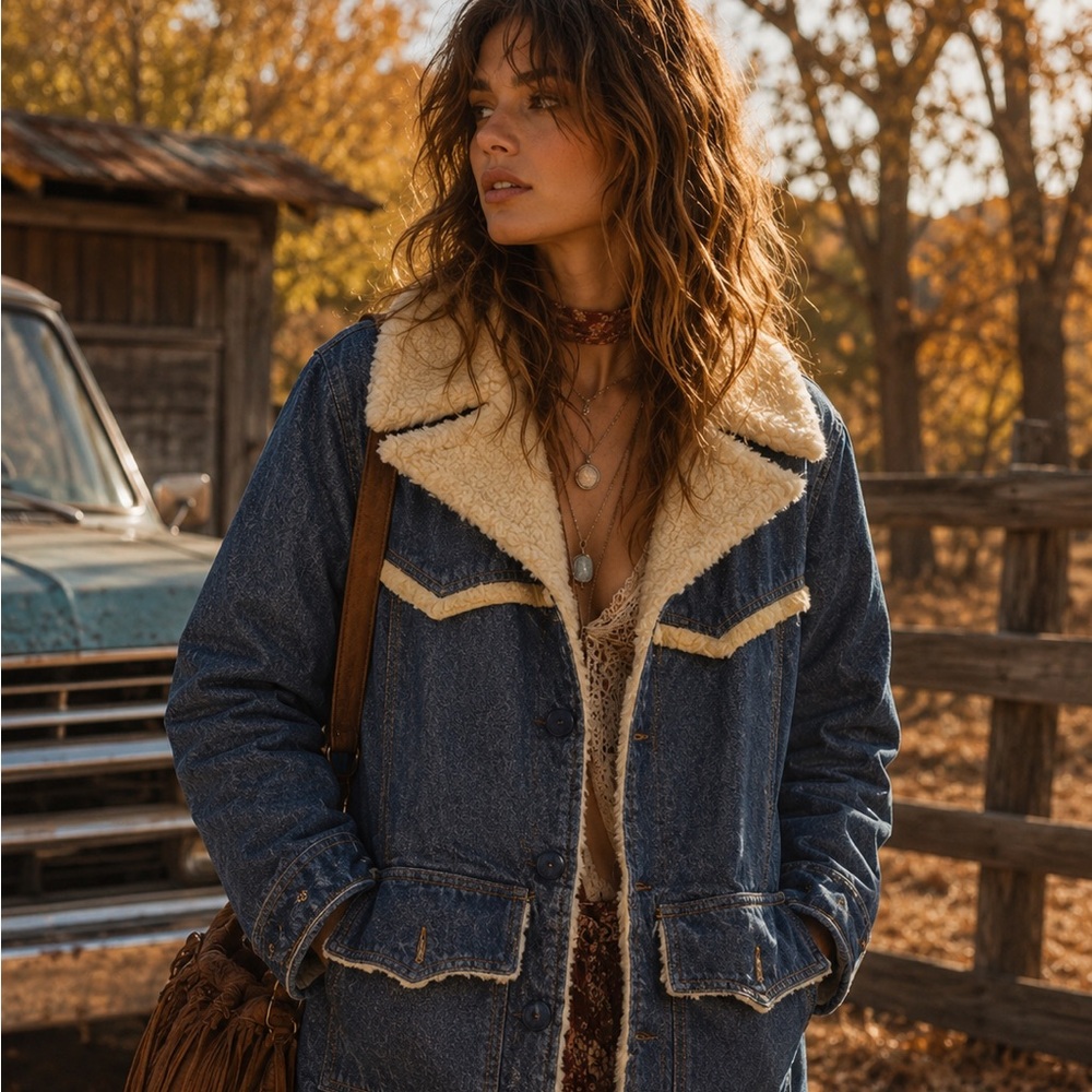 Vintage 80s Denim Sherpa Jacket Coat Retro Western